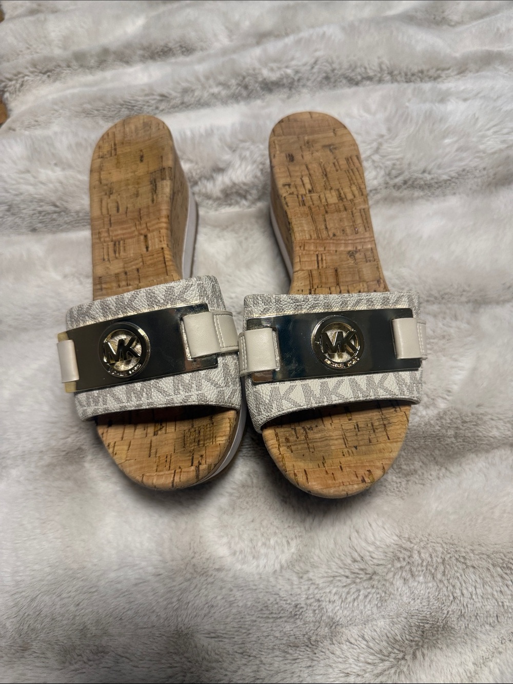 Michael Kors White and Gold Logo Cork Wedge Slides